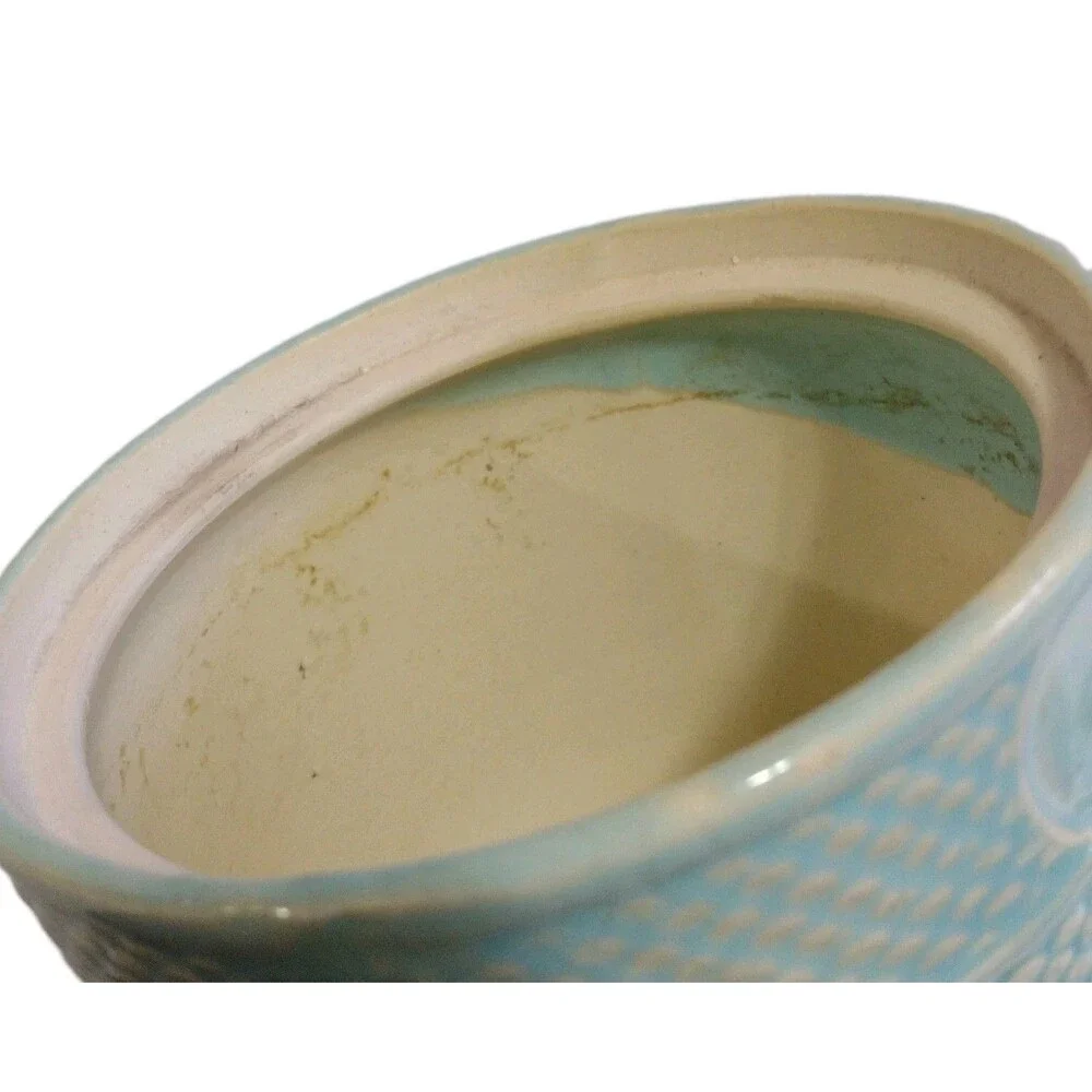Japanese Hand Painted Floral Embossed Ceramic Biscuit Jar with Lid Rattan Handle